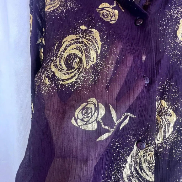Apparenza Purple with Gold Metallic Roses Sheer Blouse Size XL - Picture 6 of 9